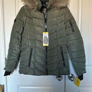 Nautica Olive Green Puffer Jacket with Fur Hood